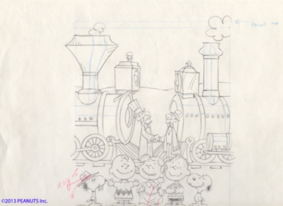 The Peanuts gang and train